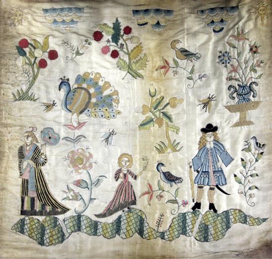 A 17th century English silkwork panel, 14.5 x 16in.